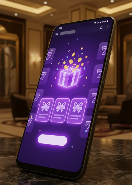 Une image colorée montrant des jetons de casino, des pièces d'or et des symboles de bonus, représentant les généreuses offres de Luckyboy Casino.